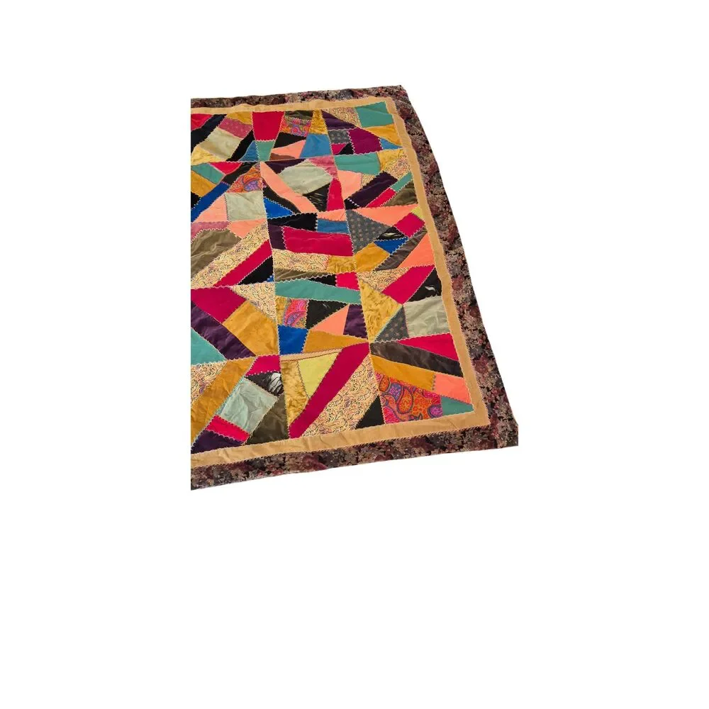 Vintage 1970s Handmade Velvet Crazy Quilt and Matching Pillow Set, Boho Eclectic
